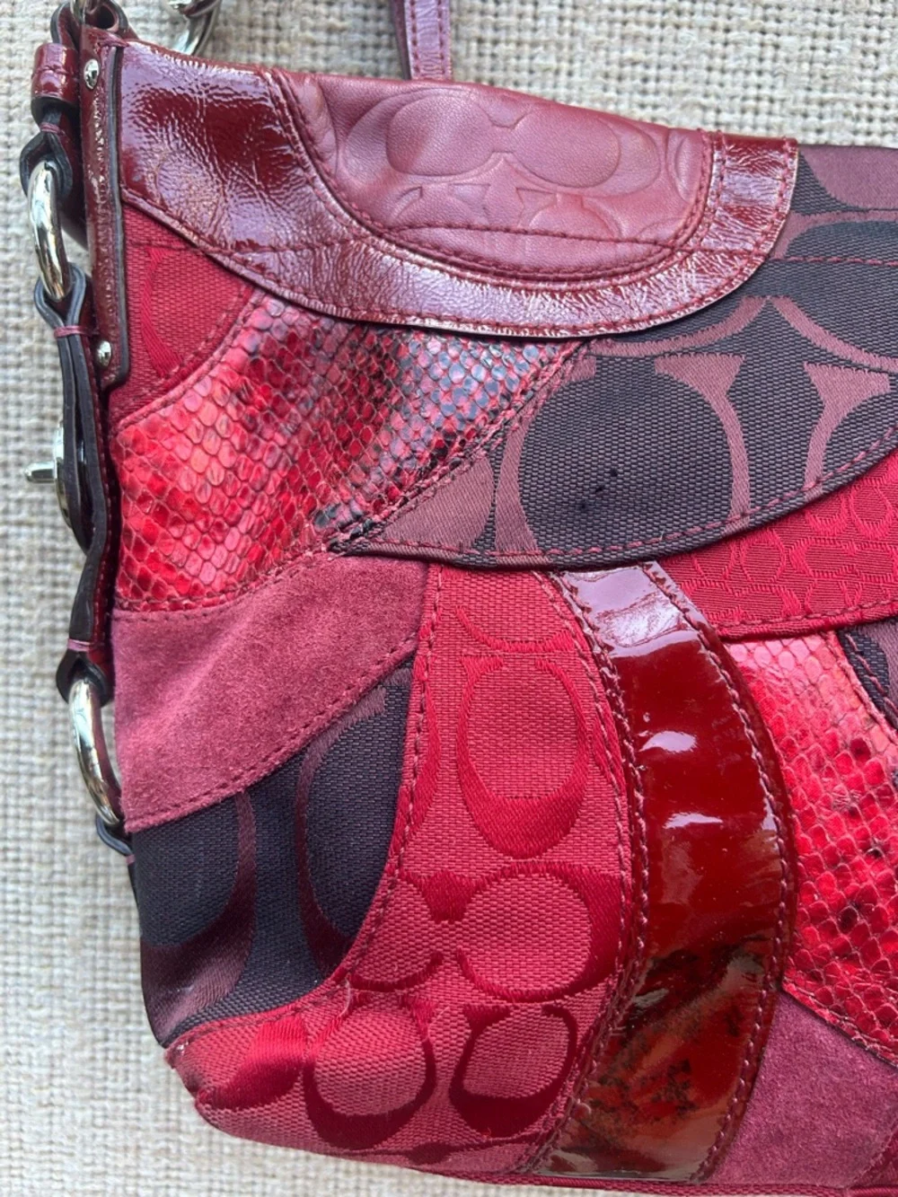 Vintage Zoe Coach Patchwork Red and Brown Shoulder Bag - Picture 6 of 10